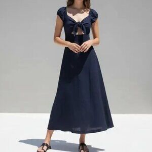 Skylar + Madison Navy Linen Maxi Dress NWT Puff Sleeves Cutout M